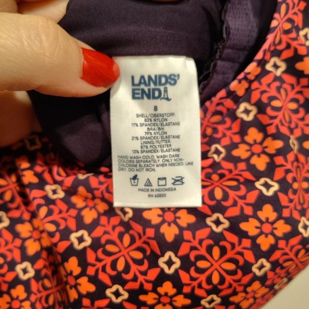 Lands' End Women's Pink Geometric Print One Piece Faux Tankini Swimsuit Sz 8